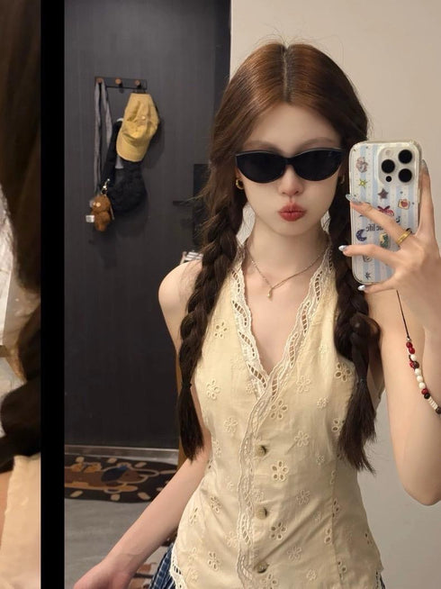 Embroider V-neck Cotton Vest With Lace Border